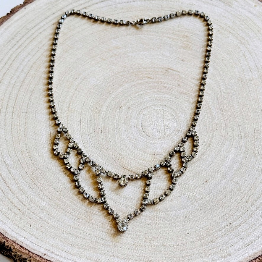Bib Silver Tone Necklace Vtg Jeweled Choker Crystal Rhinestone Regency 17 Rare